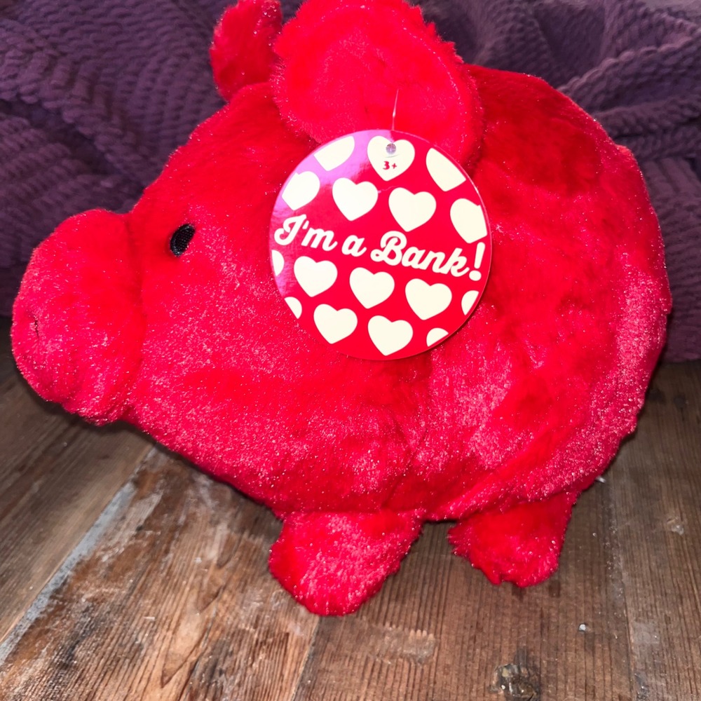 CVS Red Plush Piggy Bank Fuzzy Stuffed Animal Coin Bank with Heart Tag